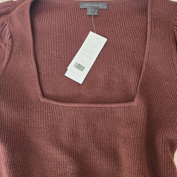 NWT French Connection Jaida Square Neck Puff Sleeve Sweater Dress Brown Ribbed - Picture 11 of 12